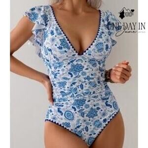 Aidonger Ruffle Shoulder One Piece Swimsuit Size S